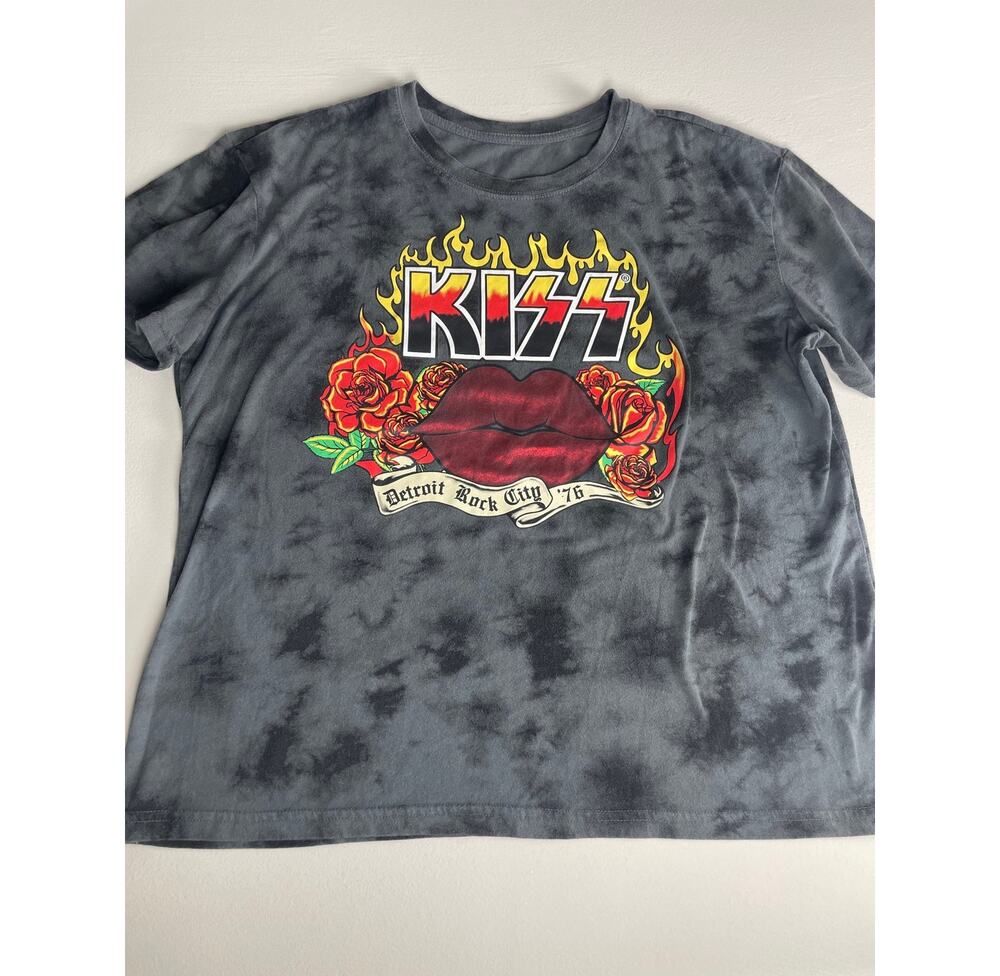 KISS Detroit Rock City 1976 Graphic Tee Unisex Black & Gray Tie‑Dye L Band Shirt